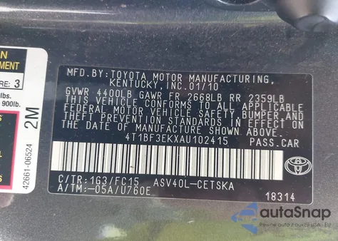 2010 Toyota Camry Se из США, поврежденный, VIN 4T1BF3EKXAU102415